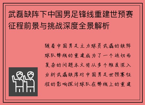 武磊缺阵下中国男足锋线重建世预赛征程前景与挑战深度全景解析
